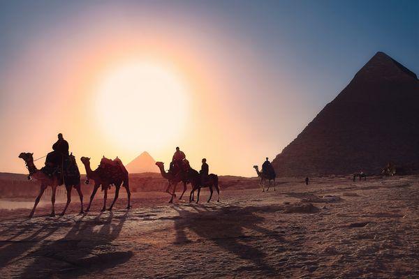 Egypt pyramids camel rider sunset